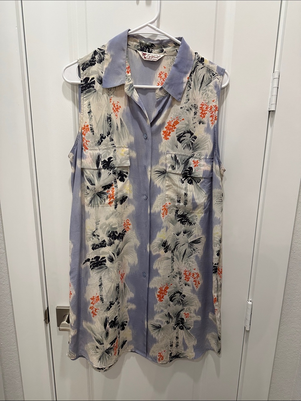 Equipment Lavender Tropical-Print Sleeveless Shirt Dress/Tunic